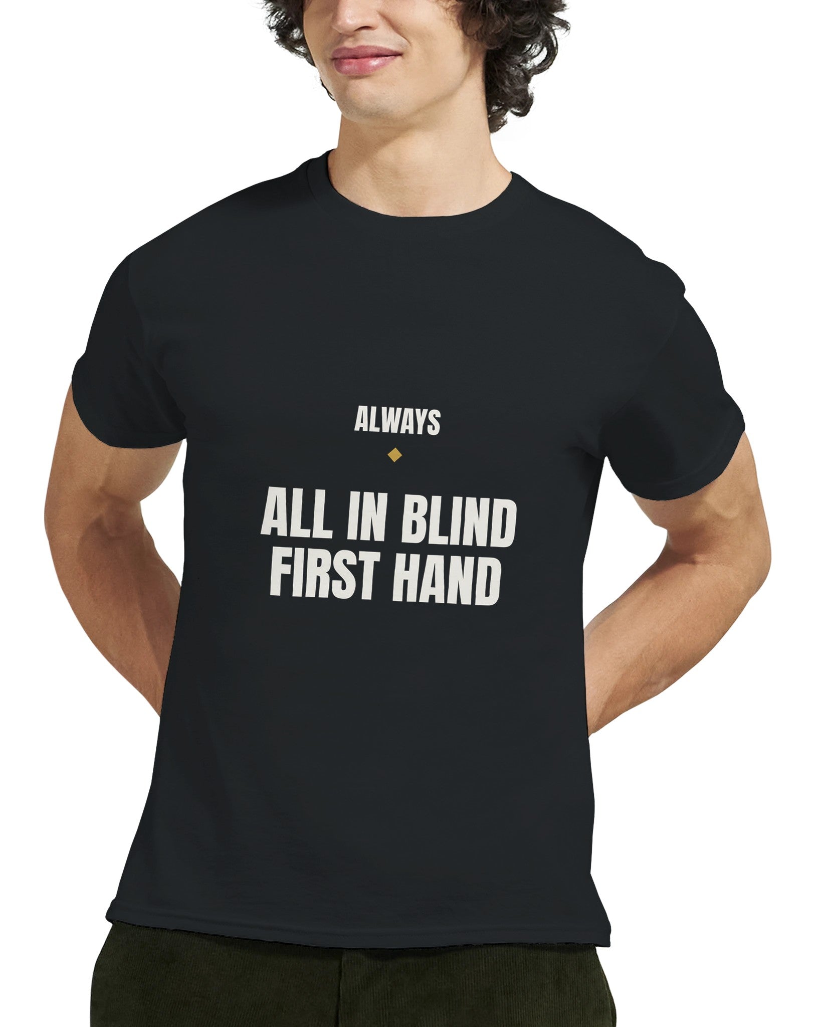 Model wearing the Always All In poker meme t-shirt in black