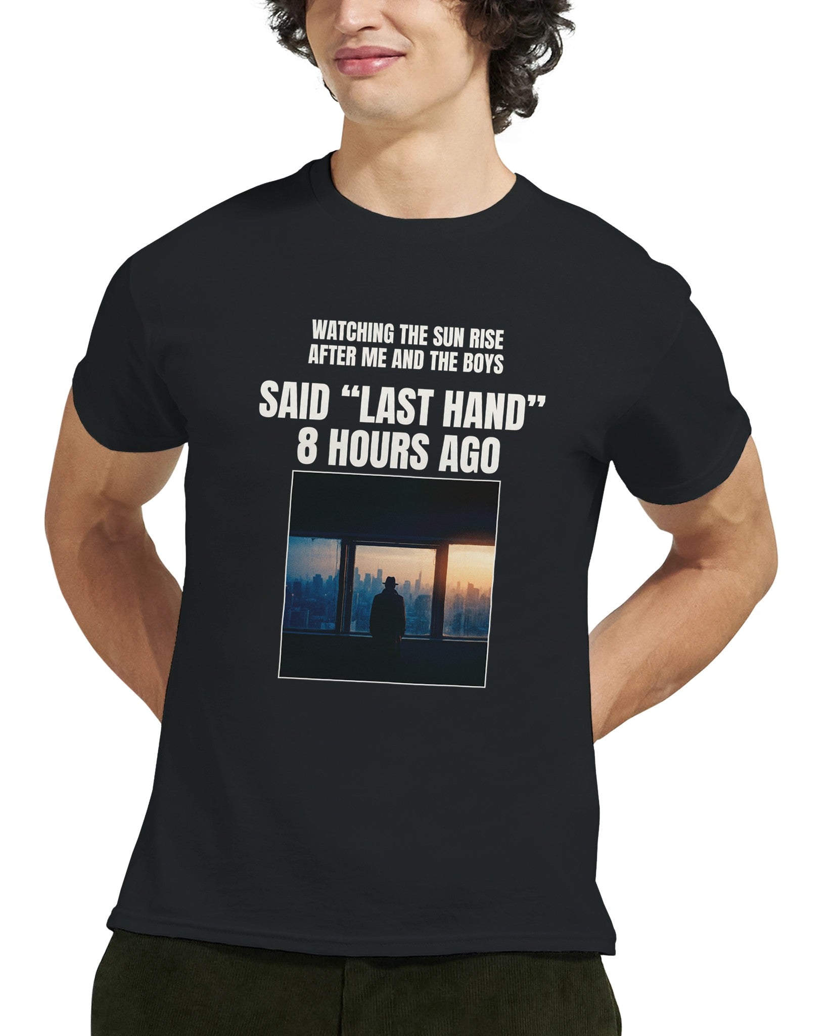 Model wearing the Last Hand poker meme t-shirt in black