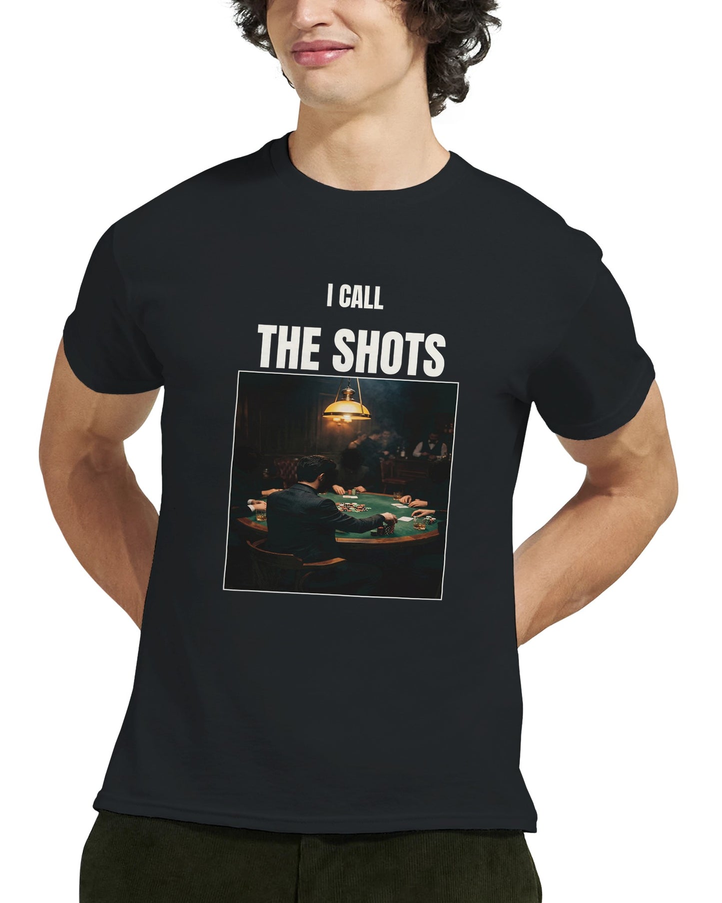 Model wearing the I Call The Shots poker meme t-shirt in black