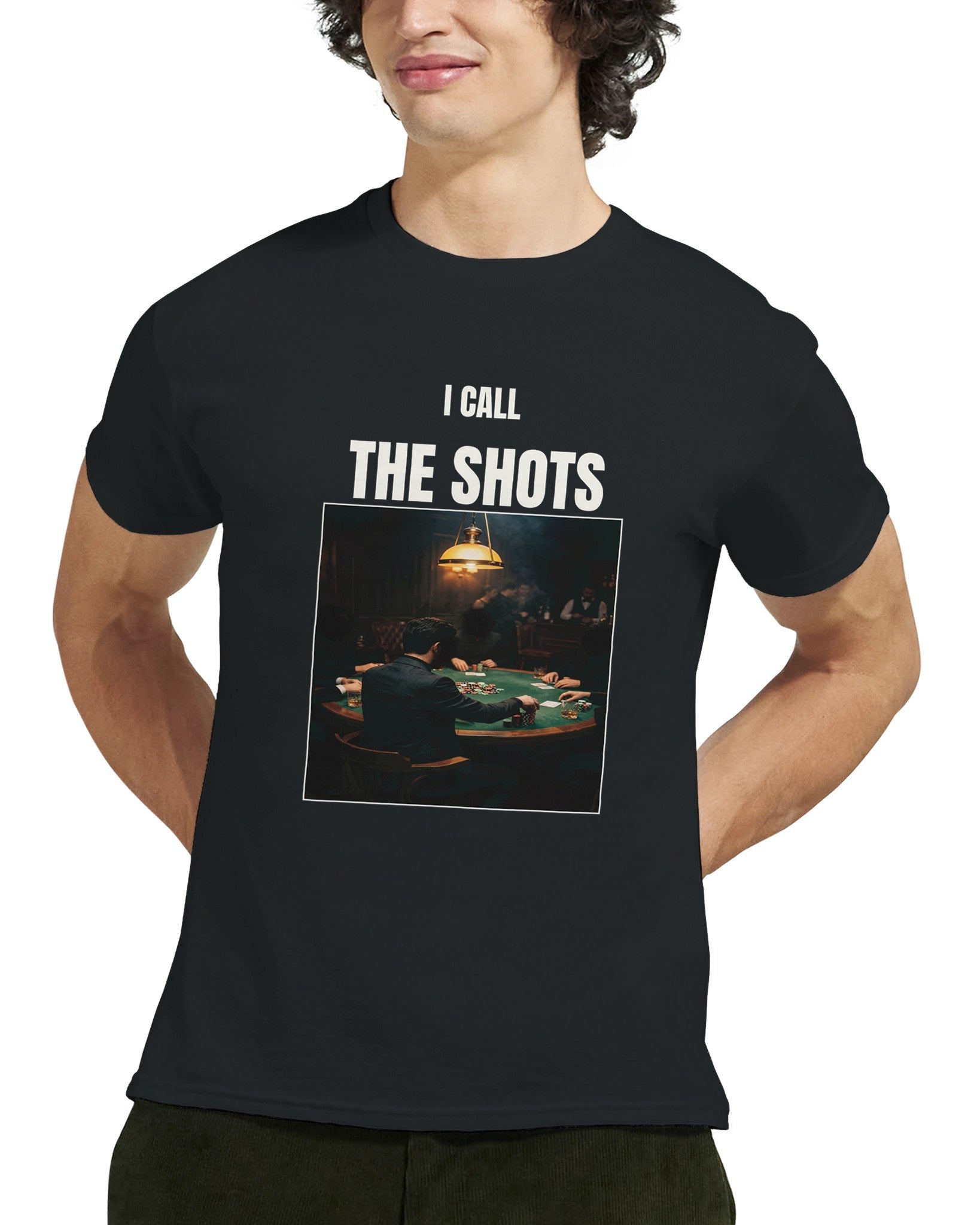 Model wearing the I Call The Shots poker meme t-shirt in black