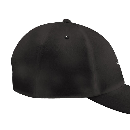 Black poker dad cap with clean white 'Tilt' print, worn at a poker night