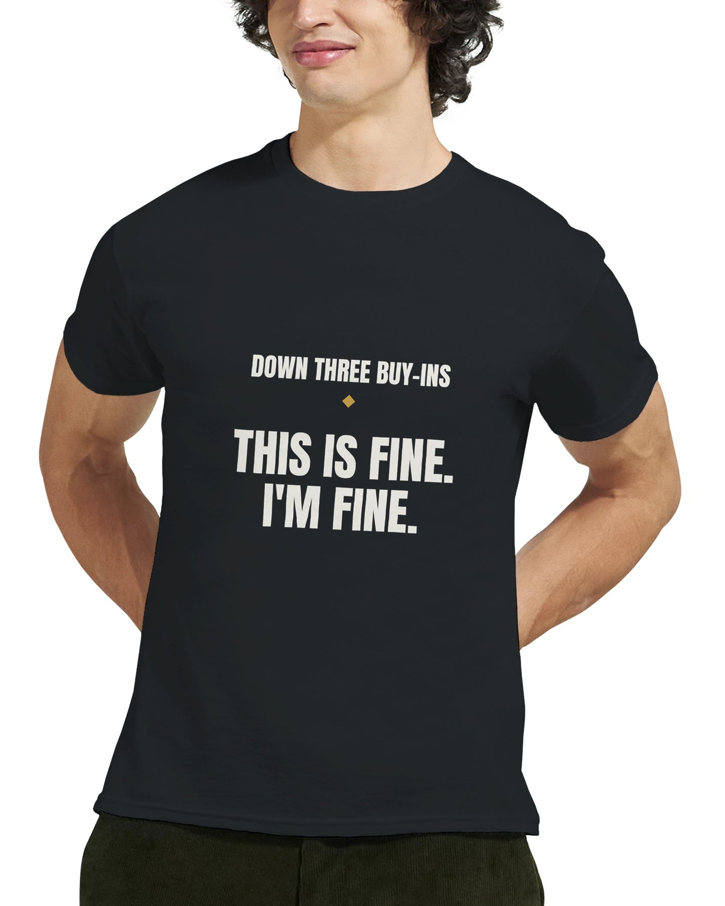 Model wearing the This Is Fine poker meme t-shirt in black