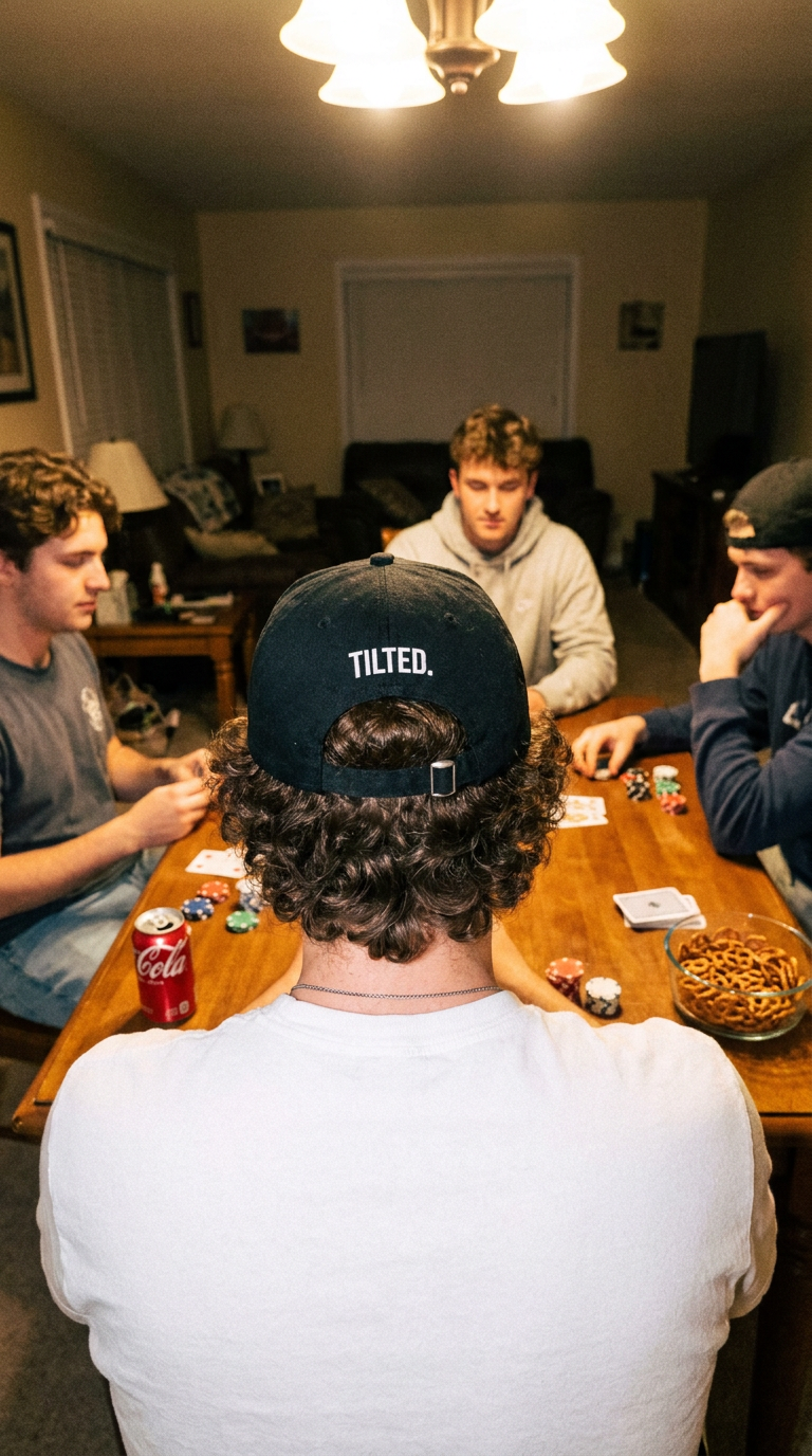 Tilted cap worn backwards at a poker night