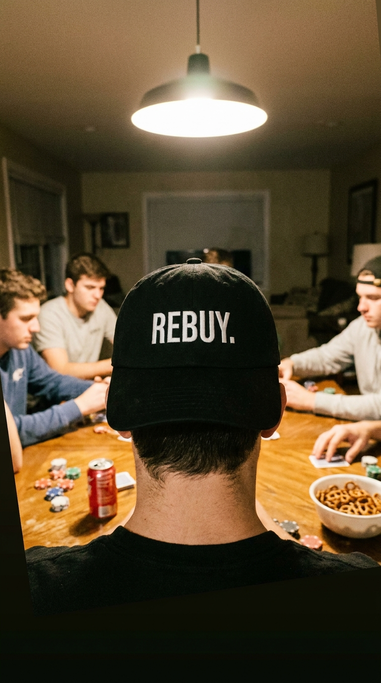 Rebuy cap worn backwards at a poker night