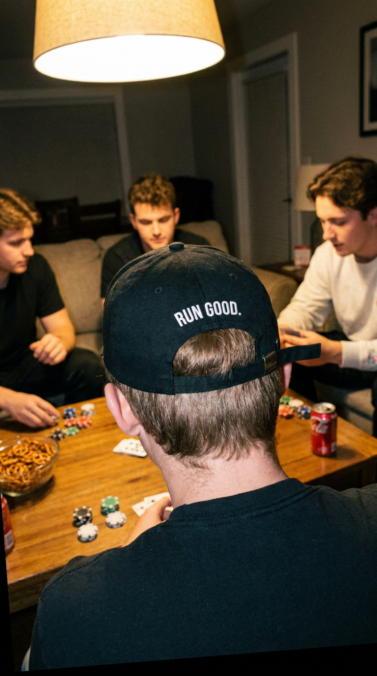 Run Good cap worn backwards at a poker night