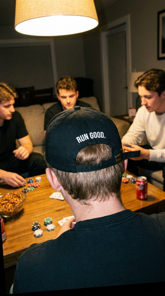 Run Good cap worn backwards at a poker night